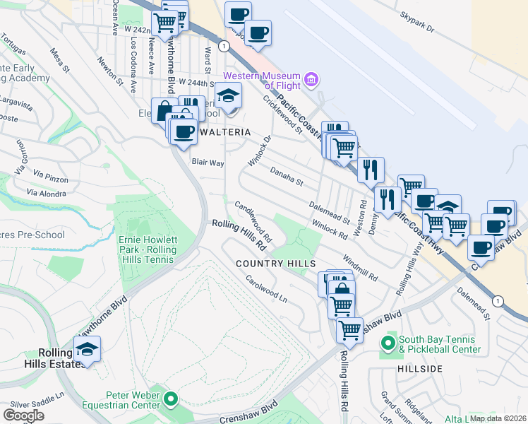 map of restaurants, bars, coffee shops, grocery stores, and more near 3309 Whiffletree Lane in Torrance