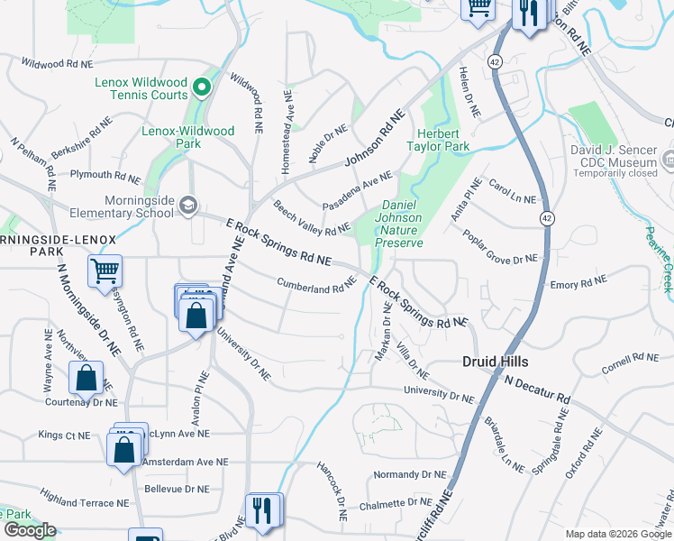 map of restaurants, bars, coffee shops, grocery stores, and more near 1275 East Rock Springs Road Northeast in Atlanta