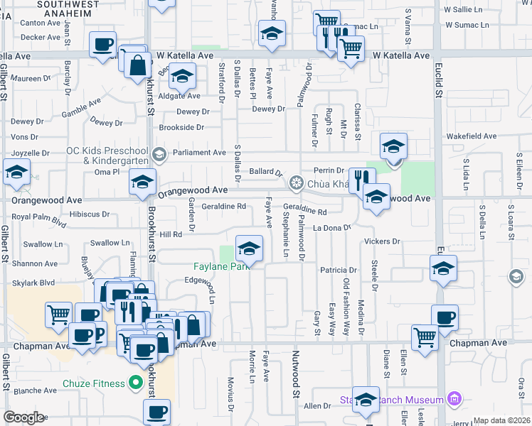 map of restaurants, bars, coffee shops, grocery stores, and more near 11555 Faye Avenue in Garden Grove