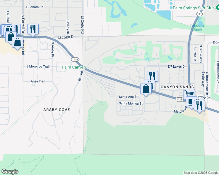 map of restaurants, bars, coffee shops, grocery stores, and more near 163 Rigel in Palm Springs