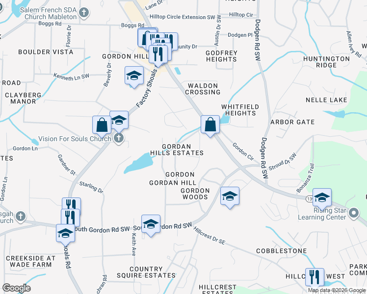 map of restaurants, bars, coffee shops, grocery stores, and more near 361 Gordon Valley Lane Southwest in Mableton
