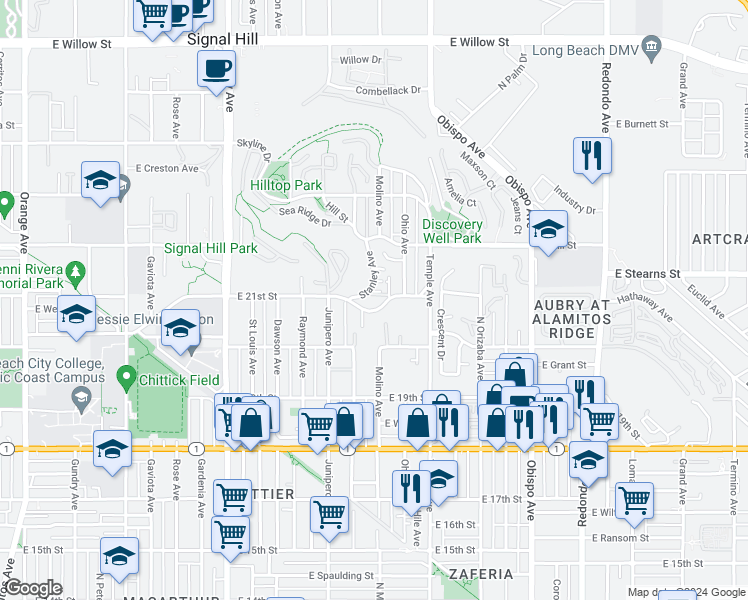 map of restaurants, bars, coffee shops, grocery stores, and more near 2503 East 21st Street in Signal Hill