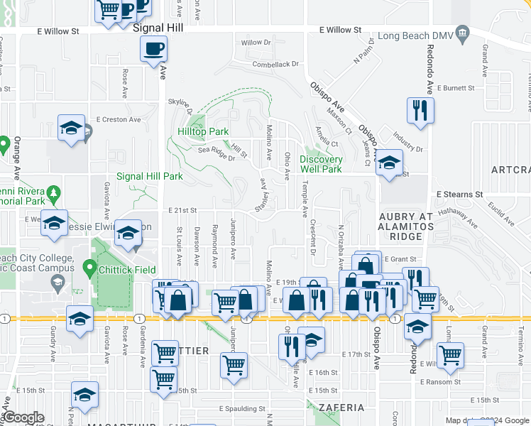 map of restaurants, bars, coffee shops, grocery stores, and more near 2501 East 21st Street in Signal Hill