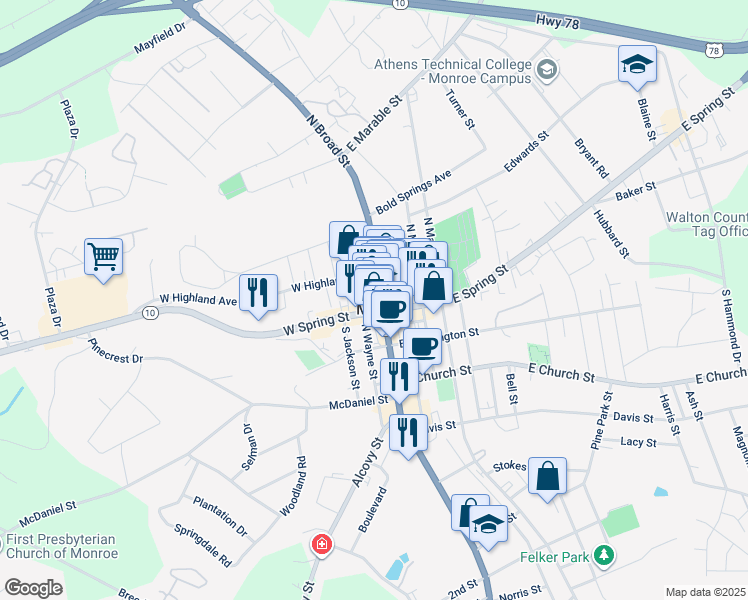 map of restaurants, bars, coffee shops, grocery stores, and more near in Monroe