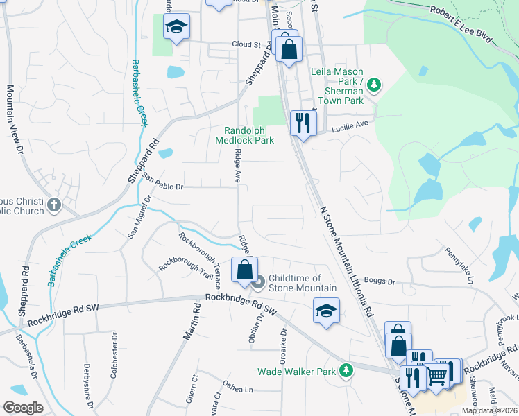 map of restaurants, bars, coffee shops, grocery stores, and more near 5274 Ridge Forest Drive in Stone Mountain