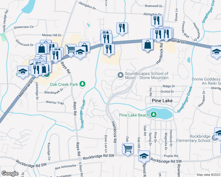 map of restaurants, bars, coffee shops, grocery stores, and more near 615 Watling Ln in Stone Mountain