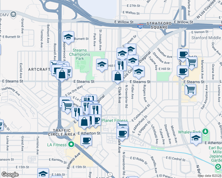 map of restaurants, bars, coffee shops, grocery stores, and more near 5014 East Los Coyotes Diagonal in Long Beach