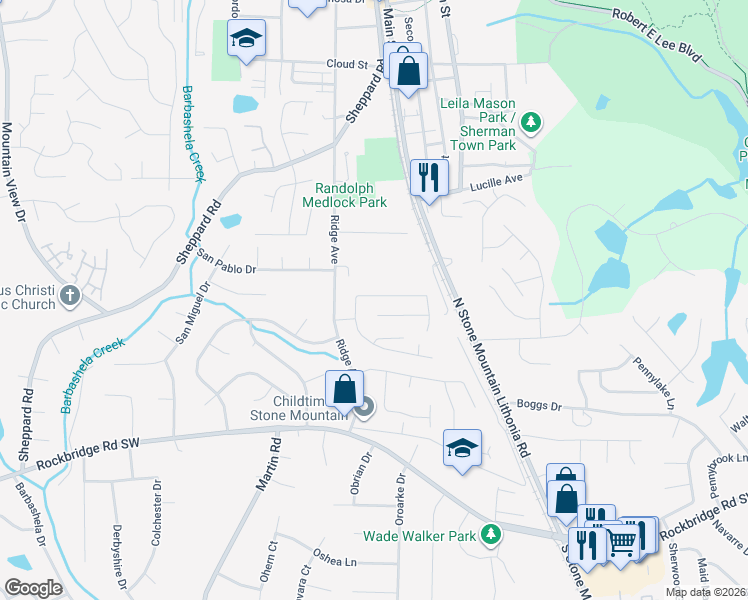 map of restaurants, bars, coffee shops, grocery stores, and more near 5272 Ridge Forest Drive in Stone Mountain