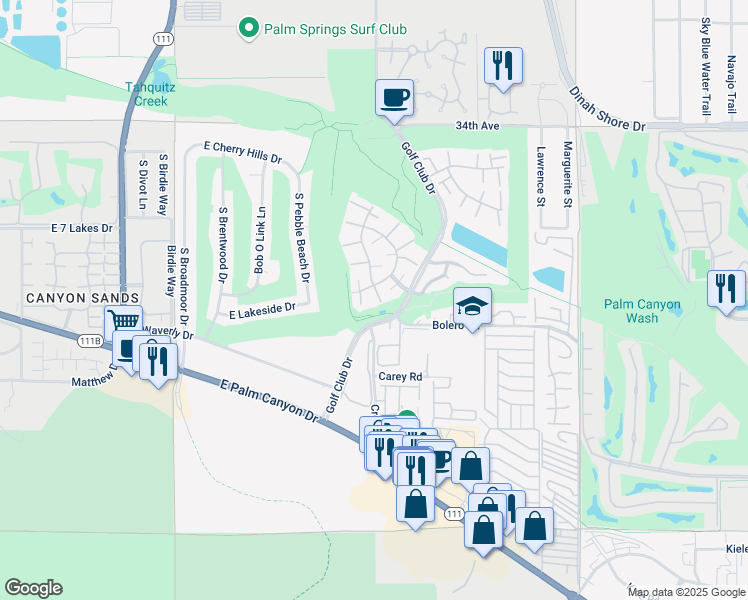 map of restaurants, bars, coffee shops, grocery stores, and more near 5637 Los Coyotes Drive in Palm Springs