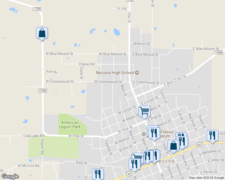 map of restaurants, bars, coffee shops, grocery stores, and more near 904 Young Street in Nocona