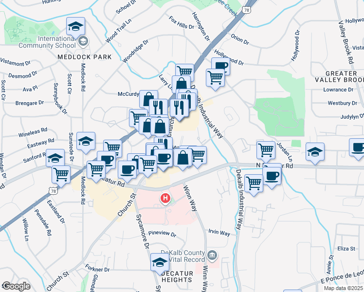 map of restaurants, bars, coffee shops, grocery stores, and more near 2600 Milscott Drive in Decatur
