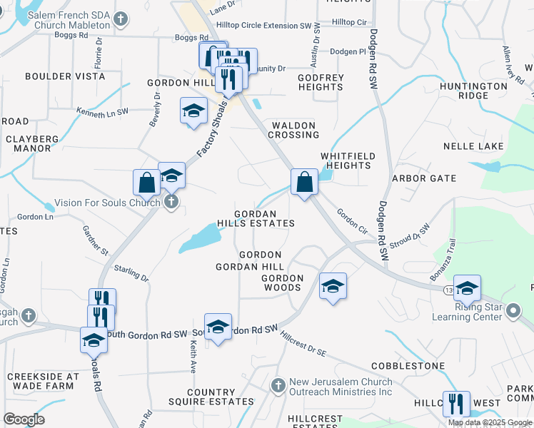 map of restaurants, bars, coffee shops, grocery stores, and more near 361 Gordon Valley Lane Southwest in Mableton