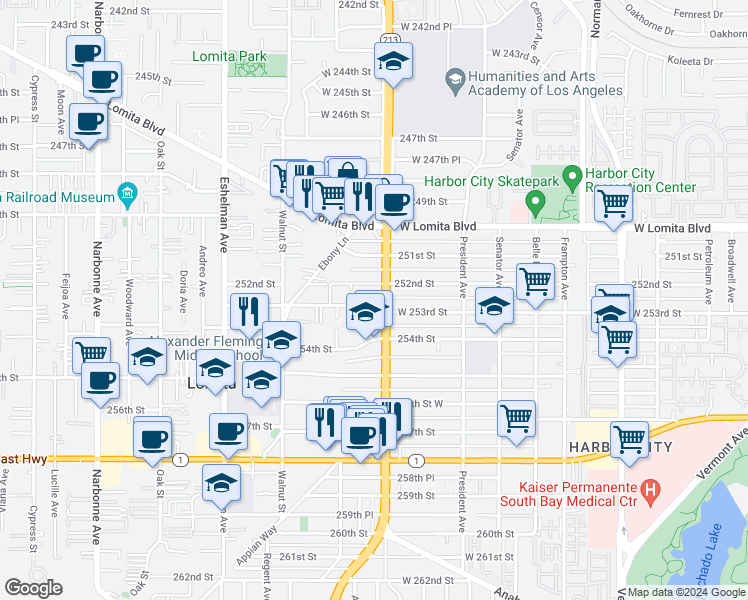 map of restaurants, bars, coffee shops, grocery stores, and more near 1711 West 253rd Street in Lomita