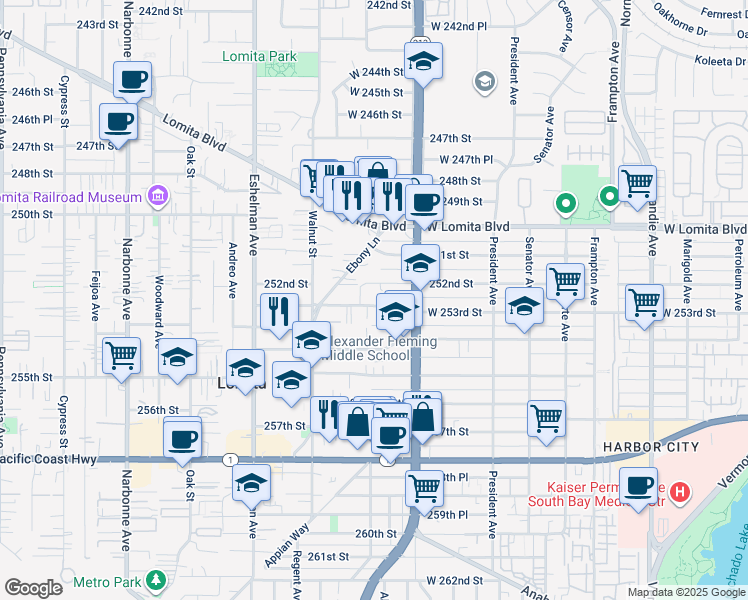 map of restaurants, bars, coffee shops, grocery stores, and more near 1755 West 253rd Street in Lomita