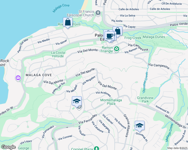 map of restaurants, bars, coffee shops, grocery stores, and more near 869 Rincon Lane in Palos Verdes Estates