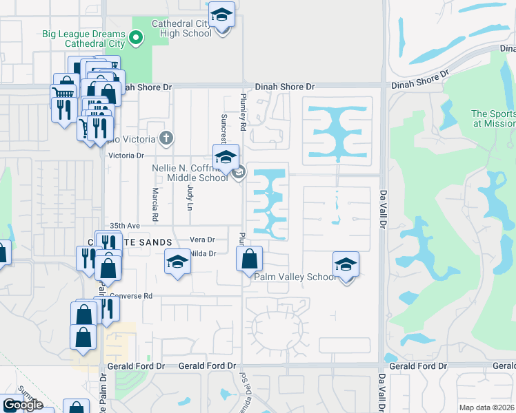 map of restaurants, bars, coffee shops, grocery stores, and more near 7 Lake Como Court in Rancho Mirage