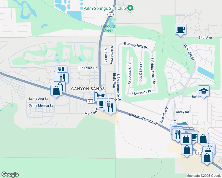 map of restaurants, bars, coffee shops, grocery stores, and more near 2463 South Broadmoor Drive in Palm Springs