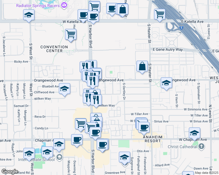map of restaurants, bars, coffee shops, grocery stores, and more near 2131 South Camino Street in Anaheim