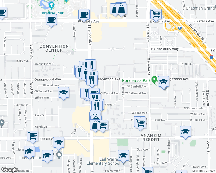 map of restaurants, bars, coffee shops, grocery stores, and more near 2131 South Camino Street in Anaheim