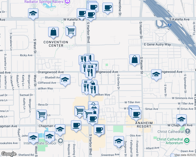 map of restaurants, bars, coffee shops, grocery stores, and more near 2131 1/2 Broden Street in Anaheim