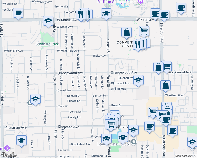 map of restaurants, bars, coffee shops, grocery stores, and more near 11572 Kathy Lane in Garden Grove