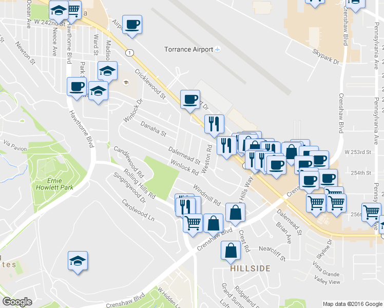 map of restaurants, bars, coffee shops, grocery stores, and more near in Torrance