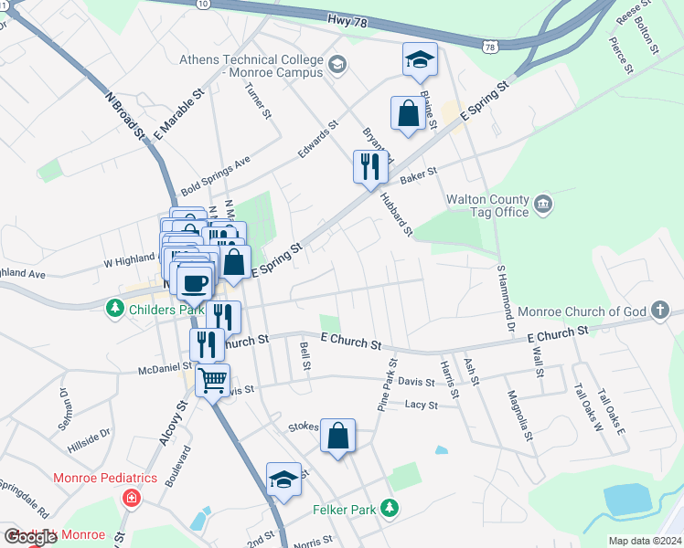 map of restaurants, bars, coffee shops, grocery stores, and more near 133B Nelson Street in Monroe