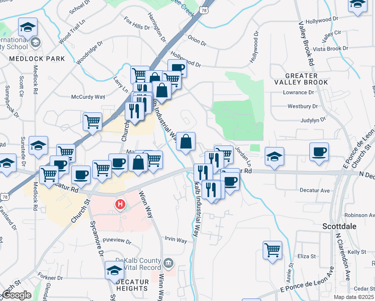 map of restaurants, bars, coffee shops, grocery stores, and more near 650 Dekalb Industrial Way in Decatur
