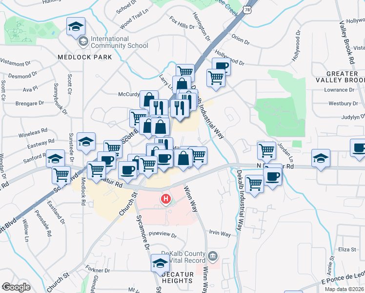 map of restaurants, bars, coffee shops, grocery stores, and more near 2600 Milscott Drive in Decatur