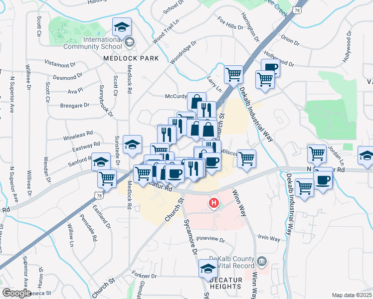 map of restaurants, bars, coffee shops, grocery stores, and more near 1642 Church Street in Decatur