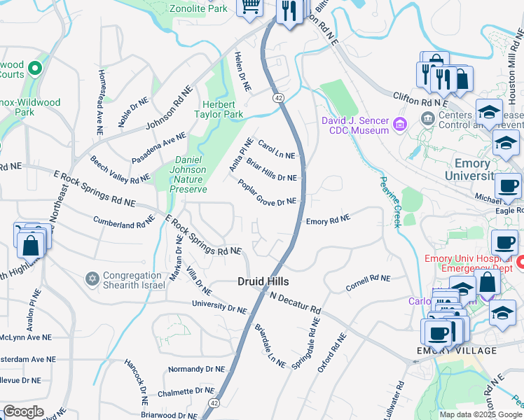map of restaurants, bars, coffee shops, grocery stores, and more near 1233 Poplar Grove Drive Northeast in Atlanta