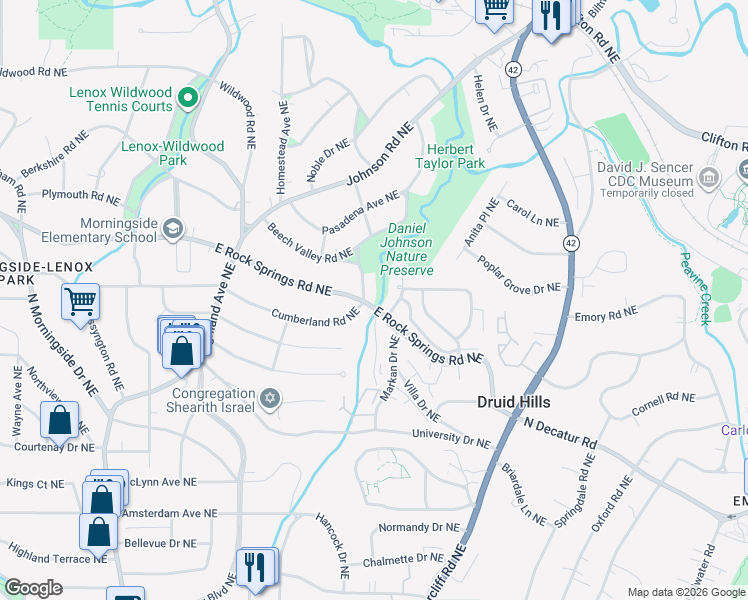 map of restaurants, bars, coffee shops, grocery stores, and more near 1508 Markan Drive Northeast in Atlanta