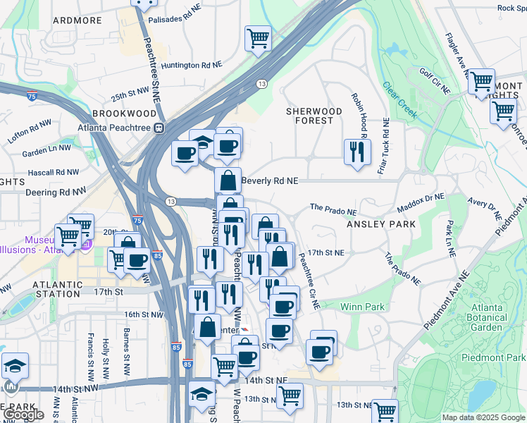 map of restaurants, bars, coffee shops, grocery stores, and more near 230 Peachtree Circle Northeast in Atlanta