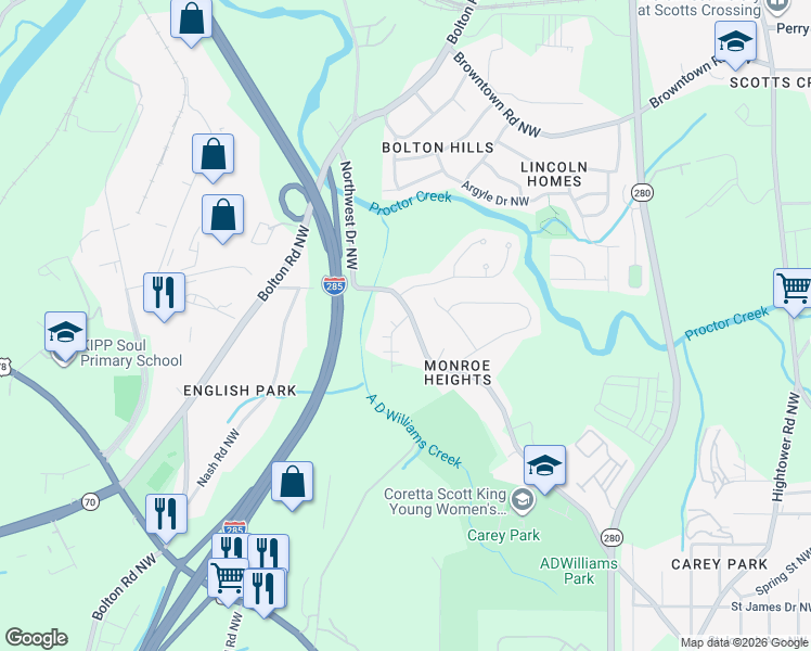 map of restaurants, bars, coffee shops, grocery stores, and more near Northwest Drive in Atlanta