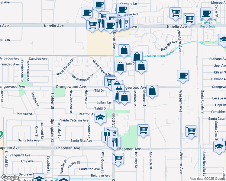 map of restaurants, bars, coffee shops, grocery stores, and more near 11700 Knott Street in Cypress
