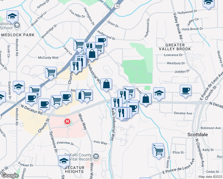 map of restaurants, bars, coffee shops, grocery stores, and more near 100 Paces Park Drive in Decatur