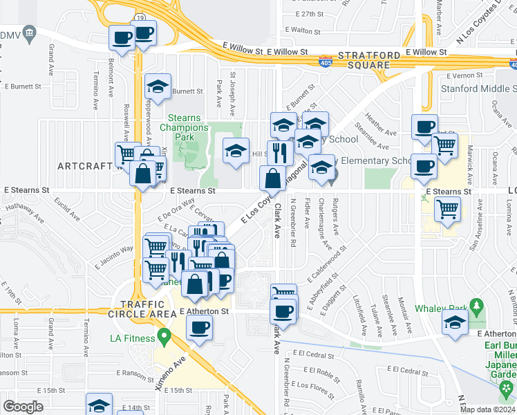 map of restaurants, bars, coffee shops, grocery stores, and more near 5008 East Los Coyotes Diagonal in Long Beach