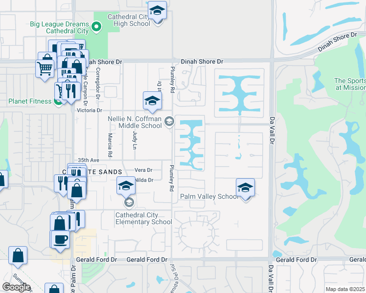 map of restaurants, bars, coffee shops, grocery stores, and more near 7 Lake Como Court in Rancho Mirage