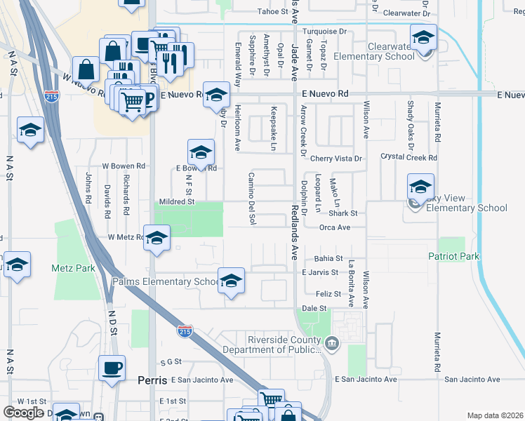 map of restaurants, bars, coffee shops, grocery stores, and more near 310 Camino De La Estrella in Perris