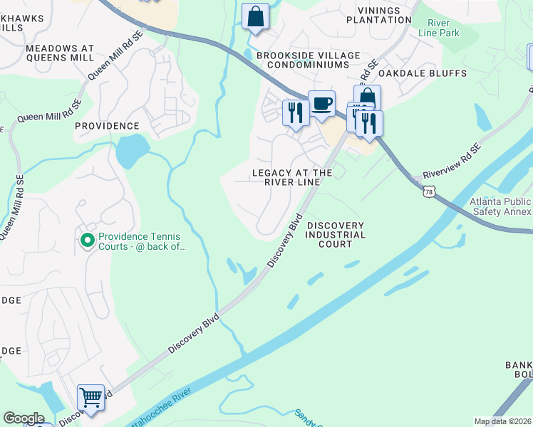 map of restaurants, bars, coffee shops, grocery stores, and more near 6395 Century Park Place in Mableton