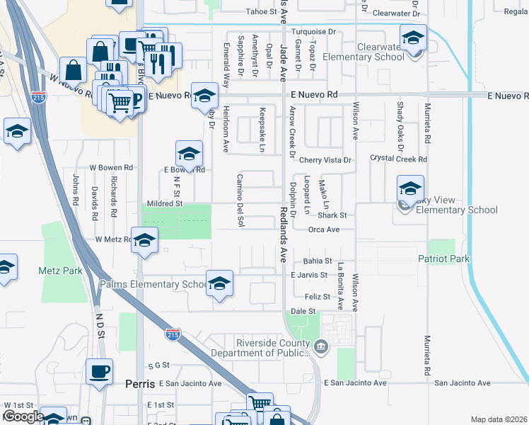 map of restaurants, bars, coffee shops, grocery stores, and more near 337 Camino De La Estrella in Perris