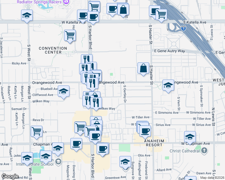 map of restaurants, bars, coffee shops, grocery stores, and more near 2131 South Camino Street in Anaheim