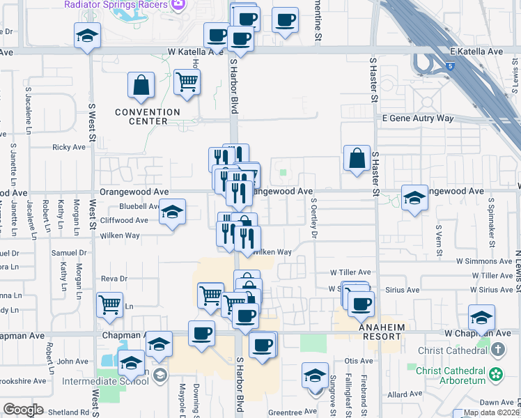 map of restaurants, bars, coffee shops, grocery stores, and more near Broden Street in Anaheim