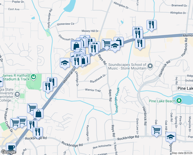 map of restaurants, bars, coffee shops, grocery stores, and more near 4135 Blackhawk Drive in Stone Mountain
