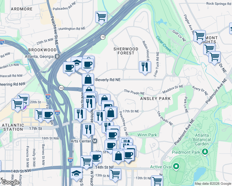 map of restaurants, bars, coffee shops, grocery stores, and more near 282 The Prado Northeast in Atlanta