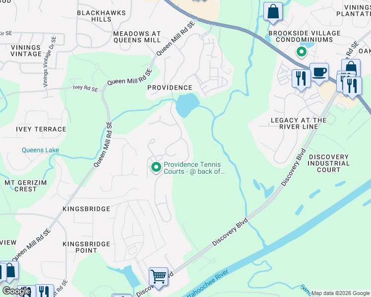 map of restaurants, bars, coffee shops, grocery stores, and more near 6143 Queens River Drive in Mableton