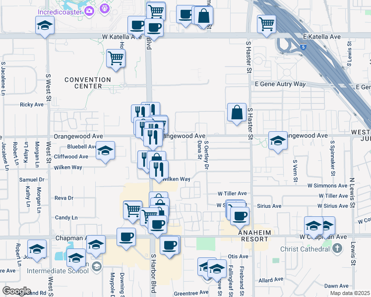 map of restaurants, bars, coffee shops, grocery stores, and more near 2121 South Camino Street in Anaheim