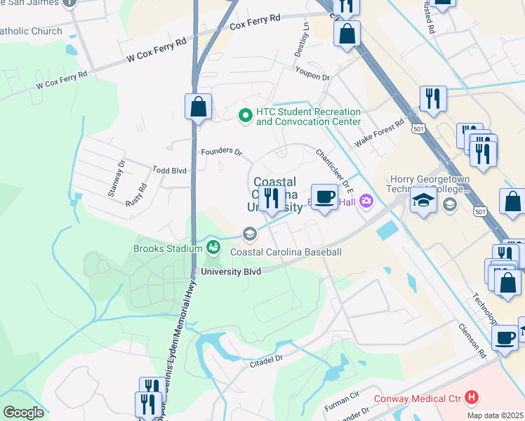map of restaurants, bars, coffee shops, grocery stores, and more near 111 Chanticleer Drive West in Conway