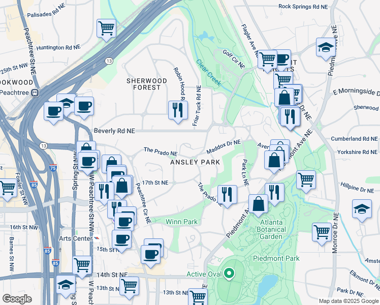 map of restaurants, bars, coffee shops, grocery stores, and more near 2 Ansley Drive Northeast in Atlanta