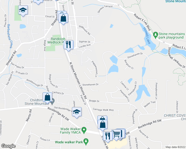 map of restaurants, bars, coffee shops, grocery stores, and more near 634 Woodsong Lane in Stone Mountain